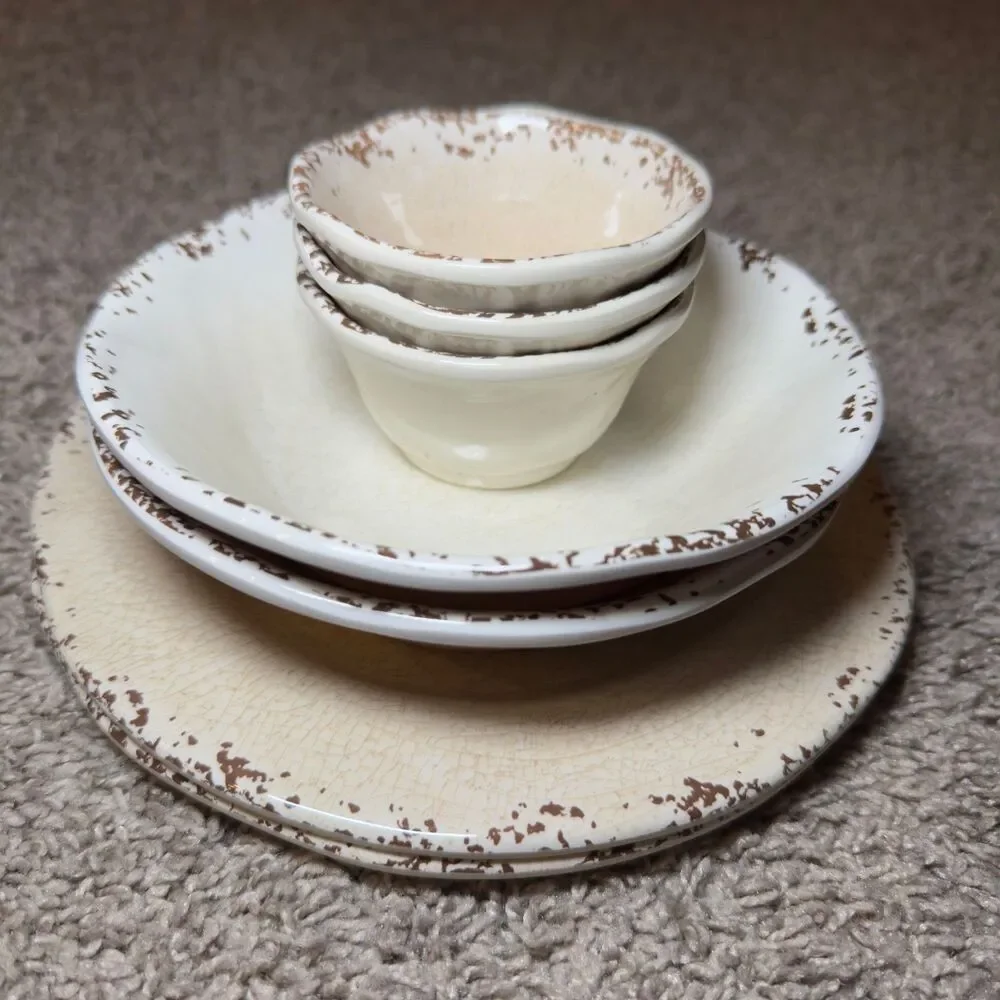 Pier 1 Imports Carmelo Melamine Crackle Bowls Plates Snack Dish LOT of 7 Ivory